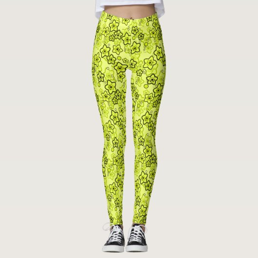 Geel met zwart helder neon bloemenpatroon leggings (Voorkant)
