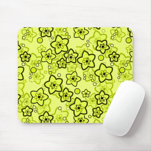 Geel met zwart helder neon bloemenpatroon muismat (Met muis)