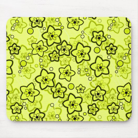 Geel met zwart helder neon bloemenpatroon muismat (Voorkant)