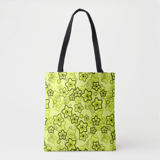 Geel met zwart helder neon bloemenpatroon tote bag (Voorkant)