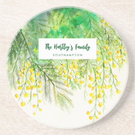 Geel Mimosa Floral Waterverf schilderij Zandsteen Onderzetter