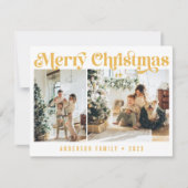 Geel minimalistische retro kerst twee foto feestdagenkaart (Voorkant)