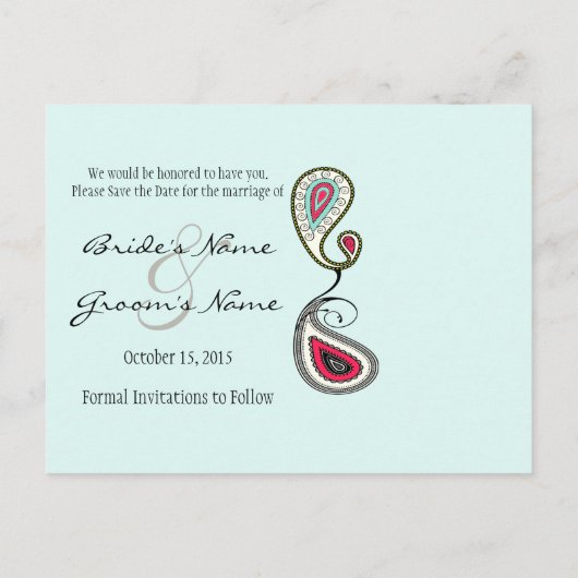 Geel & Mint Paisley Foto opslaan Datum Aankondigingskaart (Achterkant)