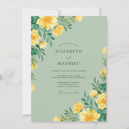 Geel Mint Wilde Bloemen Bruiloft Kaart (Voorkant)
