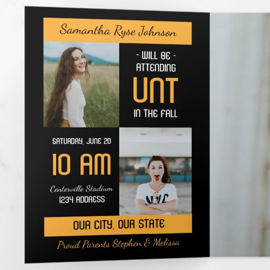 Geel modern blok 5-foto-Afstuderen Drieluik Uitnodiging (Binnenzijde eerst)