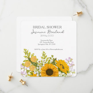 Geel modern boeket van zonnebloemen bruidsdouche save the date