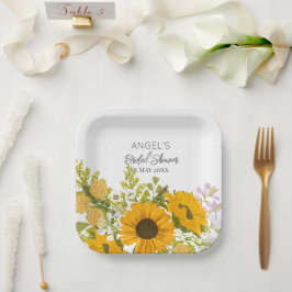 Geel modern boeket van zonnebloemen bruidsshower papieren bordje