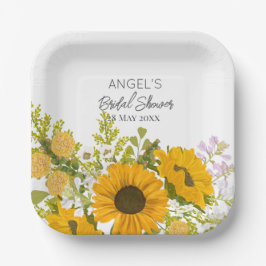 Geel modern boeket van zonnebloemen bruidsshower papieren bordje