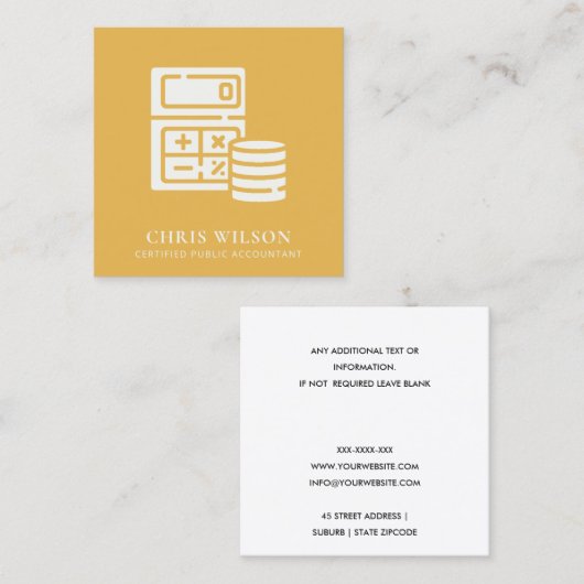 GEEL MODERN CALCULATOR COIN ICON ACCOUNTING TAX VIERKANTE VISITEKAARTJE (Voorkant / Achterkant)