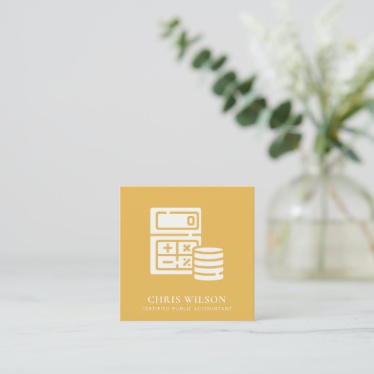 GEEL MODERN CALCULATOR COIN ICON ACCOUNTING TAX VIERKANTE VISITEKAARTJE (Staand voorkant)