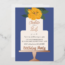 Geel Modern Floral Cake Verjaardagsfeestje Goud Folie Uitnodiging