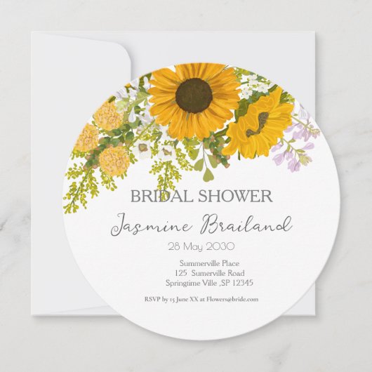 Geel modern zonnebloemen boeket bruids douche save the date (Voorkant)