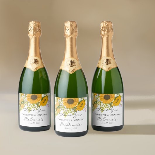 Geel Modern Zonnebloemen Boeket bruiloft Sparkling Wijnetiket