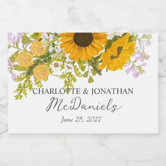 Geel Modern Zonnebloemen Boeket bruiloft Sparkling Wijnetiket (Enkel label)