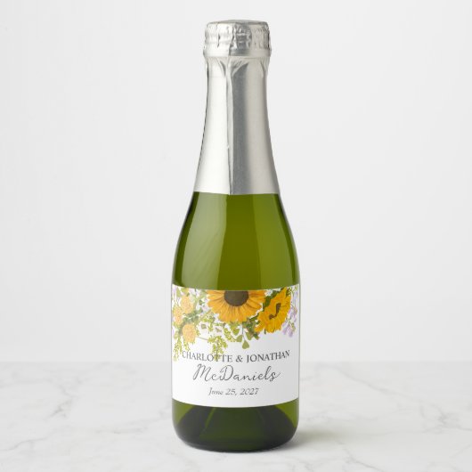 Geel Modern Zonnebloemen Boeket bruiloft Sparkling Wijnetiket (Voorkant)