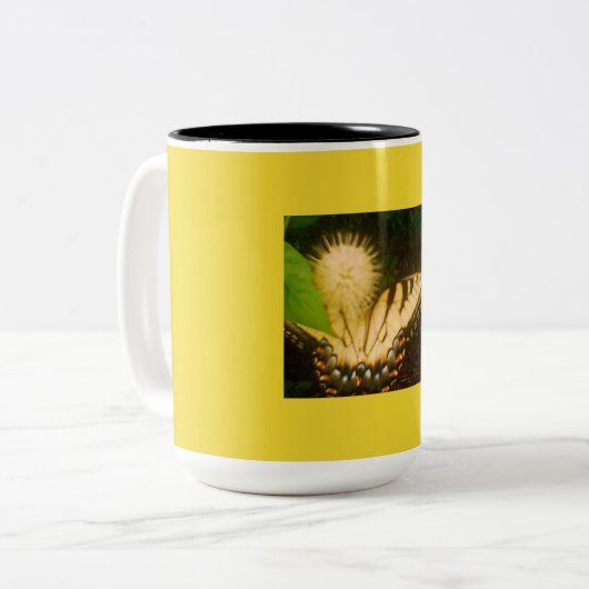 Geel Monarch, zwart en geel Tweekleurige Koffiemok (Voorkant links)