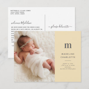 Geel monogram 1-Foto nieuwe babyaankondiging Briefkaart