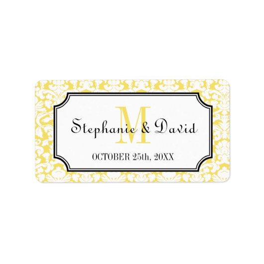 Geel monogram damask lijst bruiloft gunst label (Voorkant)