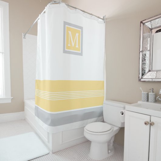 Geel monogram en grijze Striped Grens Douchegordijn (In situ)