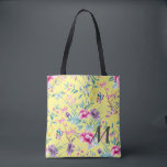 Geel monogram Floral & Butterfly Tote Bag<br><div class="desc">Druk uw kleding of vakantiewinkels op met deze geelachtige florale en vlindervlieger-canvas tas.</div>