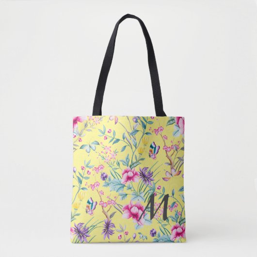 Geel monogram Floral & Butterfly Tote Bag (Voorkant)
