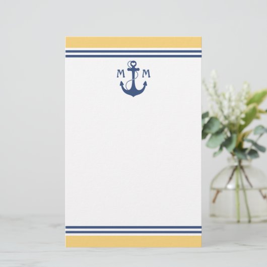 Geel monogram hartenanchor briefpapier (Staand voorkant)