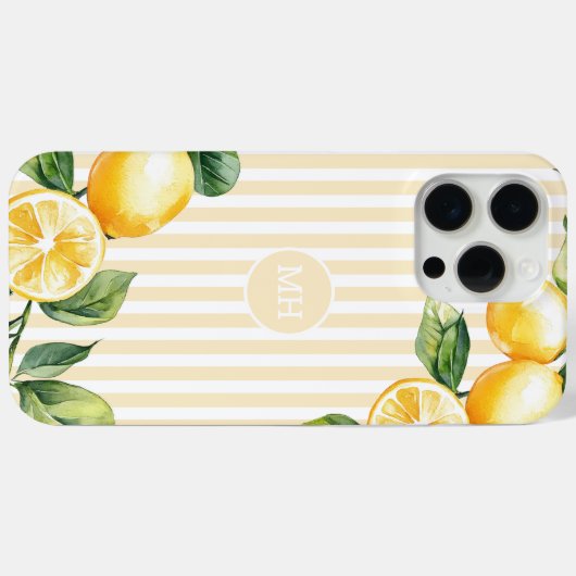 Geel Monogram Lemon Elegant Stripe Mediterraan Case-Mate iPhone Case (Achterkant (horizontaal))