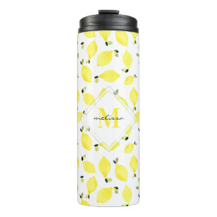 Geel monogram + Naam op Waterverf Lemon Patroon Thermosbeker