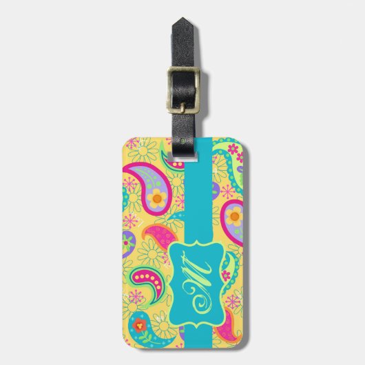Geel monogram Turquoise Modern Pasley Pattern Bagagelabel (Voorkant verticaal)