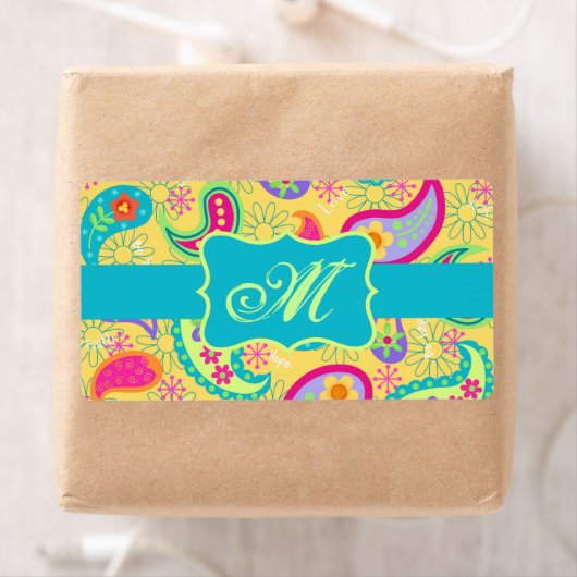 Geel monogram Turquoise Modern Pasley Pattern Etiket (Insitu)