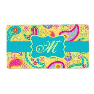 Geel monogram Turquoise Modern Pasley Pattern Etiket