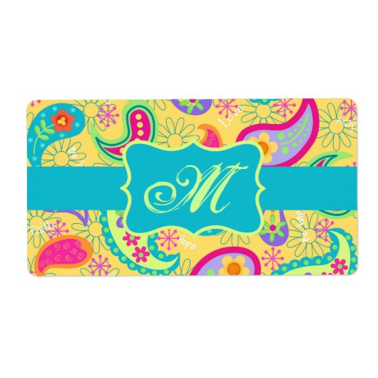 Geel monogram Turquoise Modern Pasley Pattern Etiket (Voorkant)