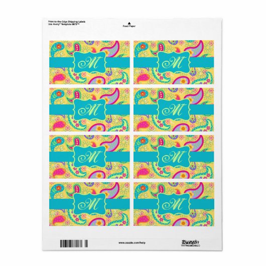 Geel monogram Turquoise Modern Pasley Pattern Etiket (Full Sheet)