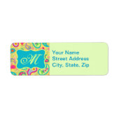 Geel monogram Turquoise Modern Pasley Pattern Etiket (Voorkant)