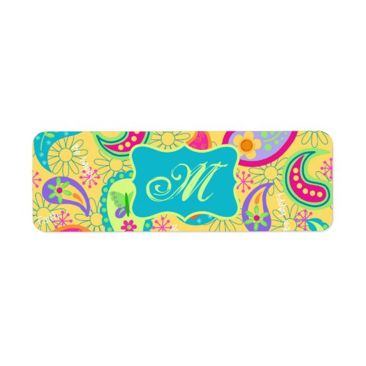 Geel monogram Turquoise Modern Pasley Pattern Etiket (Voorkant)