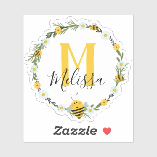 geel Monogram Waterverf Bijenkrans Sticker (Vel)