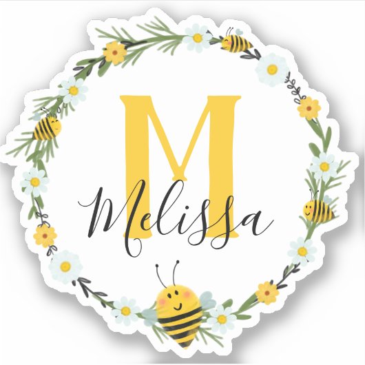  geel Monogram Waterverf Bijenkrans Sticker (Voorkant)