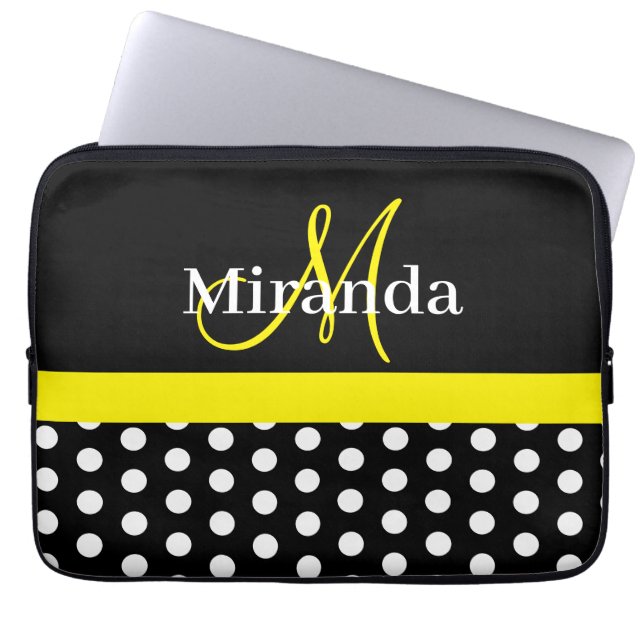 Geel Monogram Zwart Wit Polka Dot Laptop Sleeve (Voorkant)