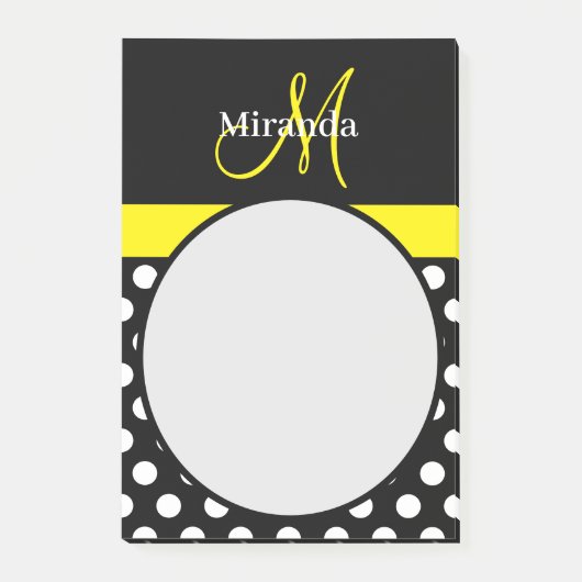 Geel Monogram Zwart Wit Polka Dot Post-it® Notes (Voorkant)