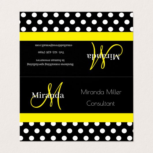 Geel Monogram Zwart Wit Polka Dot Visitekaartje (Buitenkant ongevouwen)