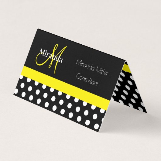 Geel Monogram Zwart Wit Polka Dot Visitekaartje (Voorkant)