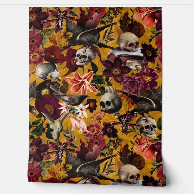  geel Mystic Skull Flower Bird Garden Behang (Afrollen)
