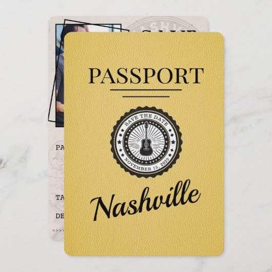 Geel Nashville Passport Bewaar de datum Save The Date (Voorkant / Achterkant)