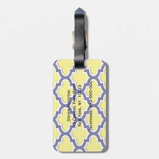 Geel, Navy Blue, Wht Lg Moroccan Quatrefoil #3DS Bagagelabel (Achterkant verticaal)