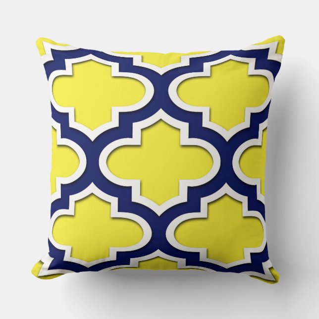 Geel, Navy Blue, Wht Lg Moroccan Quatrefoil #3DS Kussen (Voorkant)