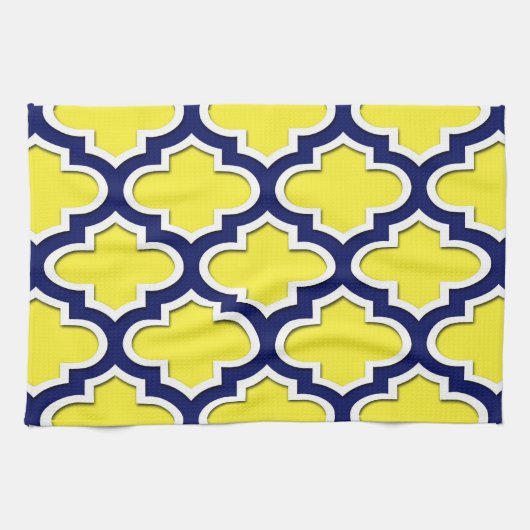 Geel, Navy Blue, Wht Lg Moroccan Quatrefoil #3DS Theedoek (Horizontaal)
