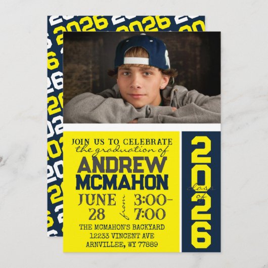 Geel & Navy Modern Afstuderen Fotouitnodiging Kaart (Voorkant / Achterkant)