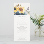 Geel Navy Zonnebloem Bloemen Bruiloft Menu Kaart (Staand voorkant)