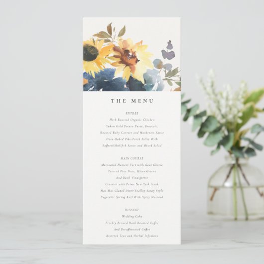 Geel Navy Zonnebloem Bloemen Bruiloft Menu Kaart (Staand voorkant)
