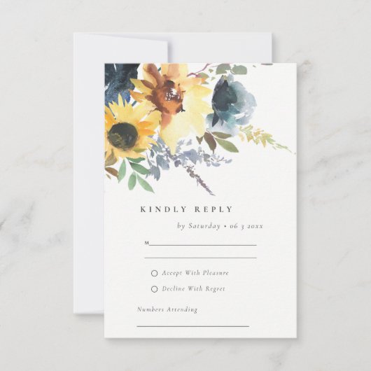 Geel Navy Zonnebloem Bloemen Waterverf Bruiloft RSVP Kaartje (Voorkant)